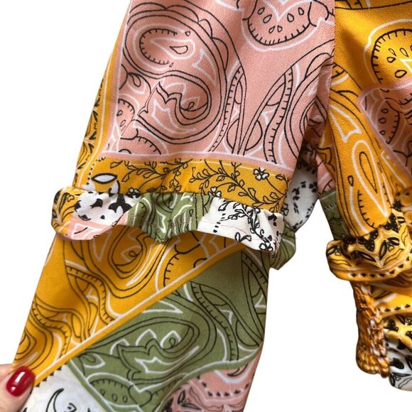 NWT Jolie & Joy Blouse Cropped Tie Front Ruffle Patchwork Gypsy Boho Festival LG - Picture 5 of 11